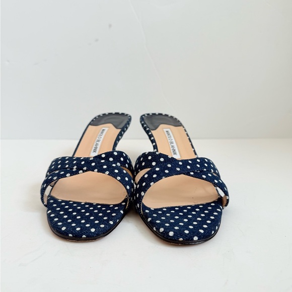 Manolo Blahnik Navy Polka Dot Denim Mule Kitten Heel Slide sandals EU 39 - Picture 6 of 10